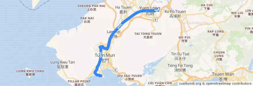 Mapa del recorrido 輕鐵610綫 Light Rail 610 (元朗 Yuen Long → 屯門碼頭 Tuen Mun Ferry Pier) de la línea  en 新界.