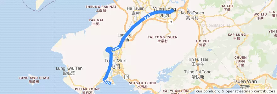 Mapa del recorrido 輕鐵615綫 Light Rail 615 (屯門碼頭 Tuen Mun Ferry Pier → 元朗 Yuen Long) de la línea  en 신제.