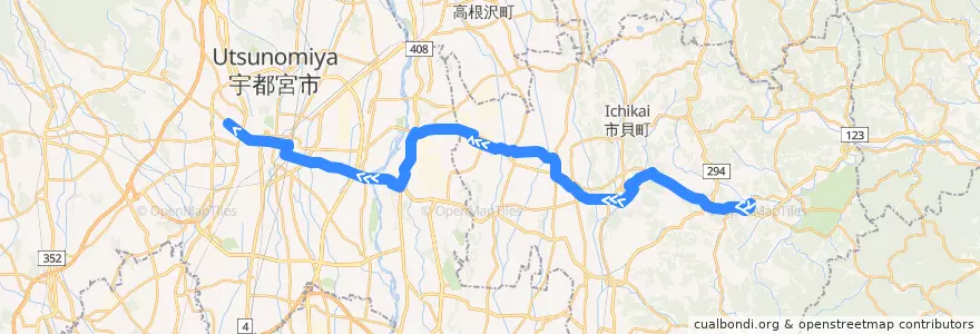 Mapa del recorrido JRバス関東水都西線 茂木⇒市貝小学校・道場宿⇒作新学院前 de la línea  en Tochigi Prefecture.