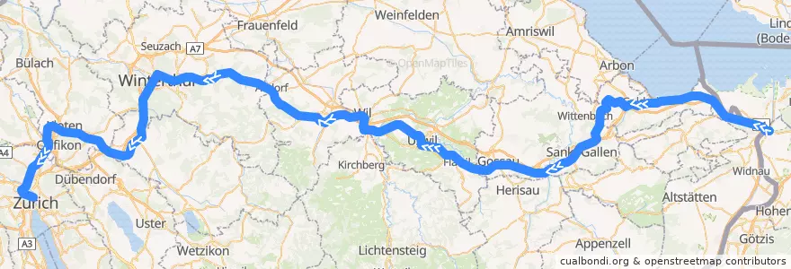 Mapa del recorrido EC 88: München => Zürich de la línea  en Svizzera.