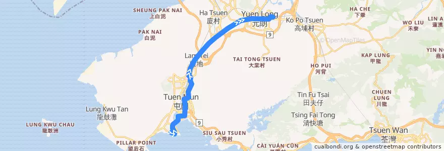 Mapa del recorrido 輕鐵614綫 Light Rail 614 (屯門碼頭 Tuen Mun Ferry Pier → 元朗 Yuen Long) de la línea  en 新界 New Territories.