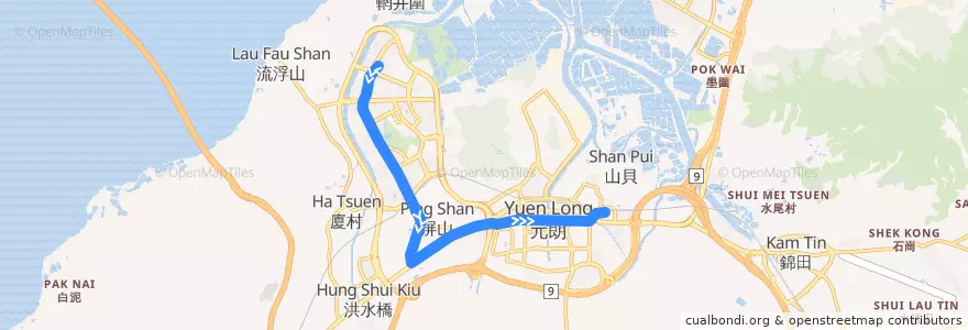 Mapa del recorrido 輕鐵761P綫 Light Rail 761P (天逸 Tin Yat → 元朗 Yuen Long) de la línea  en 元朗區 Yuen Long District.