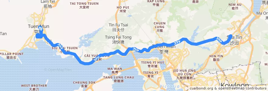 Mapa del recorrido 九巴263線 KMB 263 (屯門站 Tuen Mun Station → 沙田站 Sha Tin Station) de la línea  en 新界 New Territories.