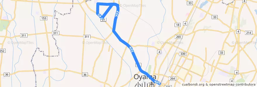 Mapa del recorrido 小山市おーバス思川駅線 小山駅西口⇒思川駅 de la línea  en Oyama.