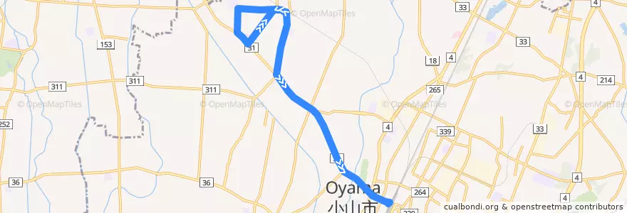 Mapa del recorrido 小山市おーバス思川駅線 思川駅⇒小山駅西口 de la línea  en Oyama.