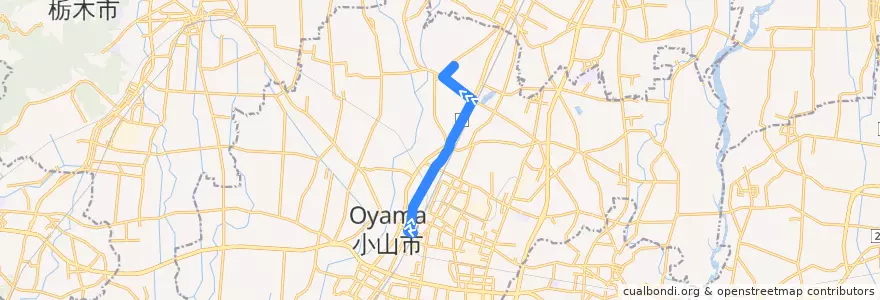 Mapa del recorrido 小山市おーバス羽川線 小山駅西口⇒扶桑団地 de la línea  en Oyama.