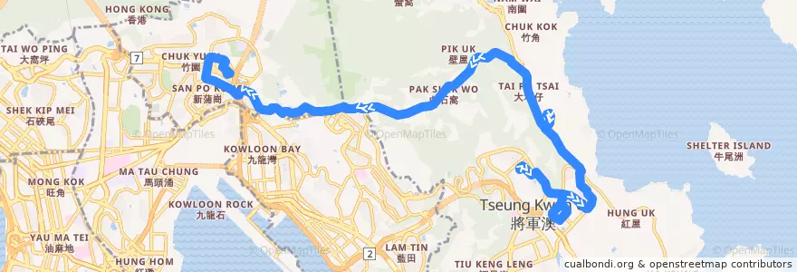Mapa del recorrido 九巴91M線 KMB 91M (寶林 Po Lam → 鑽石山鐵路站 Diamond Hill Railway Station) de la línea  en 新界.