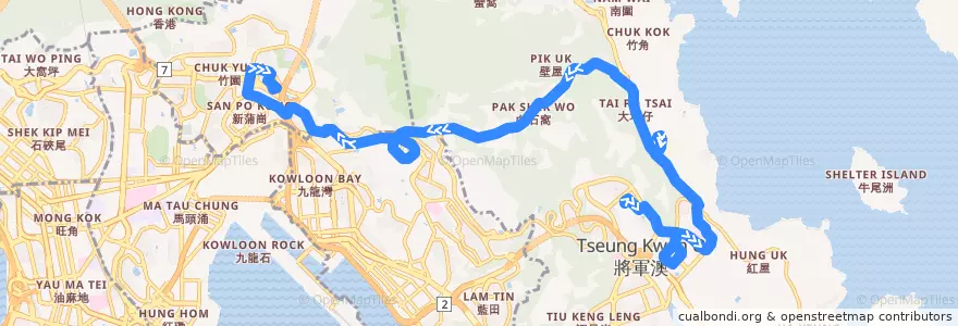 Mapa del recorrido 九巴91M線 KMB 91M (寶林 Po Lam → 鑽石山鐵路站 Diamond Hill Railway Station (經新清水灣道 via New Clear Water Bay Road)) de la línea  en 新界 New Territories.