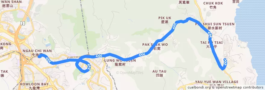 Mapa del recorrido 九巴91P線 KMB 91P (香港科技大學（南） H.K.U.S.T. (South) → 彩虹站 Choi Hung Station)) de la línea  en Novos Territórios.