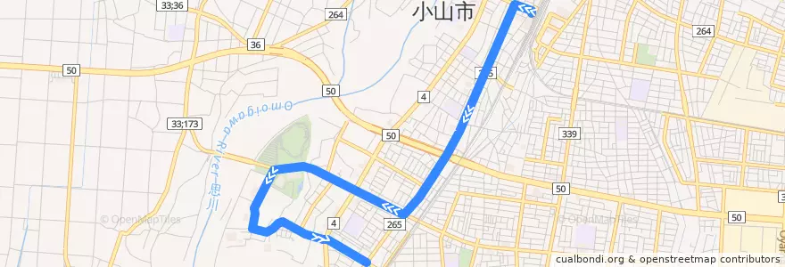 Mapa del recorrido 小山市おーバス間々田線 小山駅西口⇒小山第三小学校南 de la línea  en Oyama.
