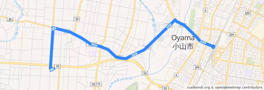 Mapa del recorrido 小山市おーバス道の駅線 道の駅⇒小山駅西口 de la línea  en Oyama.