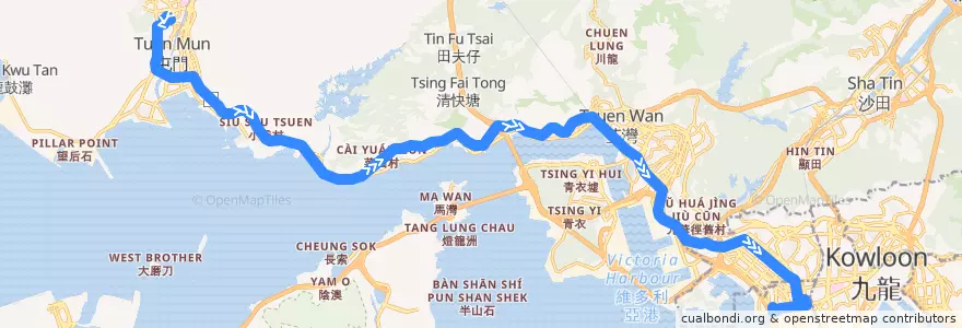 Mapa del recorrido 九巴66X線 KMB 66X (大興 Tai Hing → 奧運站 Olympic Station) de la línea  en 新界.