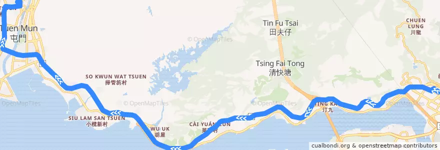 Mapa del recorrido 九巴66M線 KMB 66M (荃灣站 Tsuen Wan Station → 大興 Tai Hing) de la línea  en Nuovi Territori.