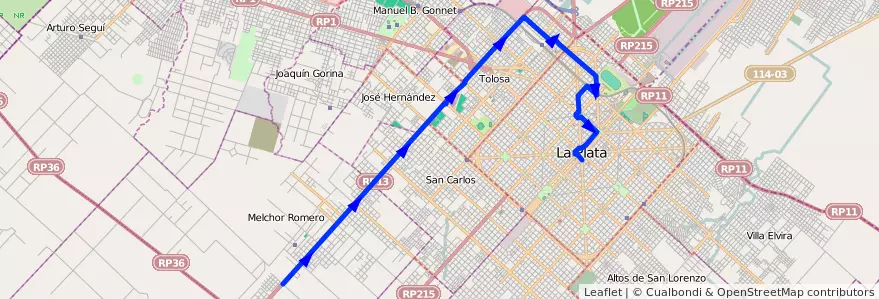 Mapa del recorrido 65 de la línea Oeste en Partido de La Plata.