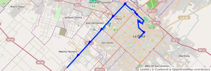 Mapa del recorrido 65 de la línea Oeste en Partido de La Plata.