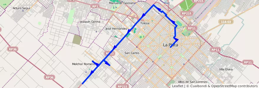Mapa del recorrido 65 Gorina de la línea Oeste en Partido de La Plata.
