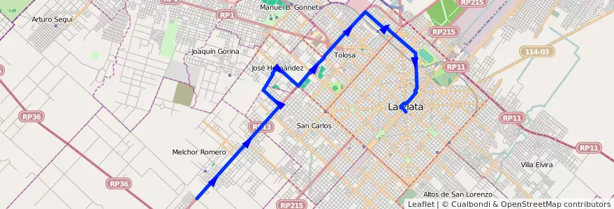 Mapa del recorrido 65 Hernández de la línea Oeste en Partido de La Plata.