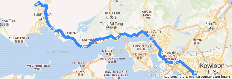 Mapa del recorrido 九巴58X線 KMB 58X (良景邨 Leung King Estate → 旺角東站 Mong Kok East Station) de la línea  en Novos Territórios.