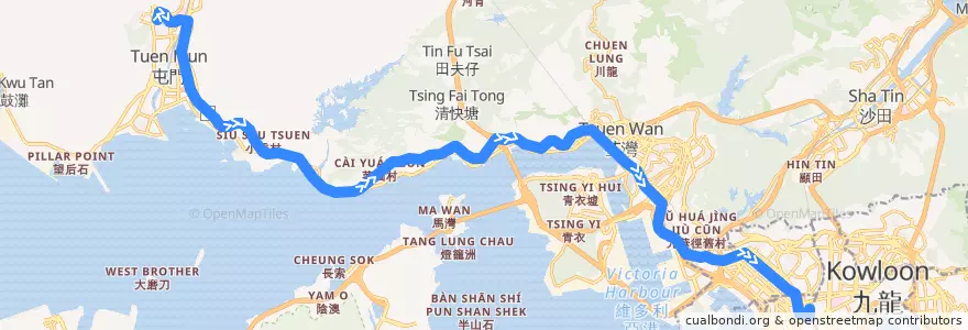 Mapa del recorrido 九巴58X線 KMB 58X (建生 Kin Sang → 旺角東站 Mong Kok East Station) de la línea  en 新界 New Territories.