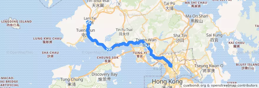 Mapa del recorrido 九巴67X線 KMB 67X (兆康苑 Siu Hong Court → 旺角東站 Mong Kok East Station) de la línea  en Новые Территории.