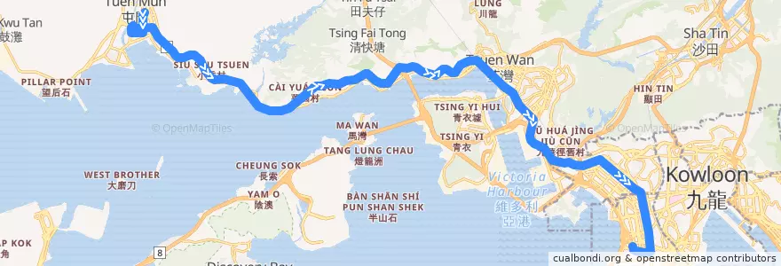 Mapa del recorrido 九巴60X線 KMB 60X (屯門市中心 Tuen Mun Central → 西九龍站 West Kowloon Station) de la línea  en Novos Territórios.