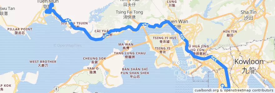 Mapa del recorrido 九巴60X線 KMB 60X (西九龍站 West Kowloon Station → 屯門市中心 Tuen Mun Central) de la línea  en 신제.