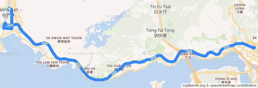 Mapa del recorrido 九巴60M線 KMB 60M (屯門站 Tuen Mun Station → 荃灣站 Tsuen Wan Station) de la línea  en 新界 New Territories.