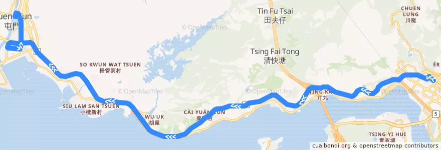 Mapa del recorrido 九巴60M線 KMB 60M (荃灣站 Tsuen Wan Station → 屯門站 Tuen Mun Station) de la línea  en Новые Территории.