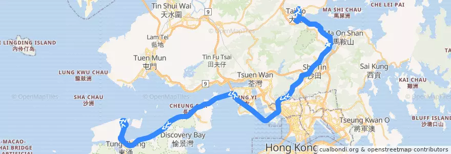 Mapa del recorrido 龍運巴士A47X線 Long Win Bus A47X (大埔（富亨） Tai Po (Fu Heng) → 機場 Airport (經大埔中心、白石角及國泰城 via Tai Po Central, Pak Shek Kok and Cathay City)) de la línea  en Novos Territórios.