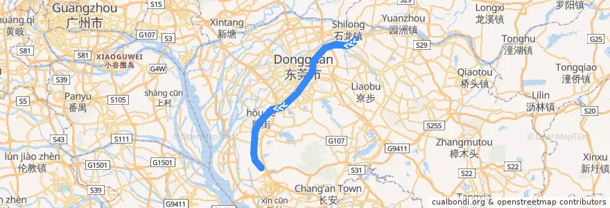 Mapa del recorrido 东莞轨道交通2号线 de la línea  en 東莞市.