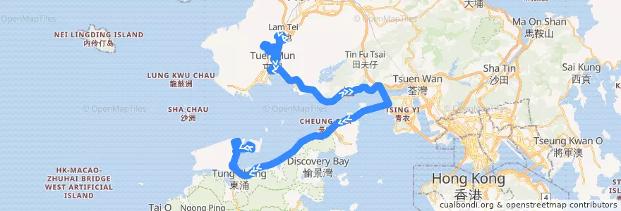 Mapa del recorrido 龍運巴士A33X線 Long Win Bus A33X (屯門（富泰） Tuen Mun (Fu Tai) → 機場 Airport (經國泰城 via Cathay City)) de la línea  en Nuovi Territori.