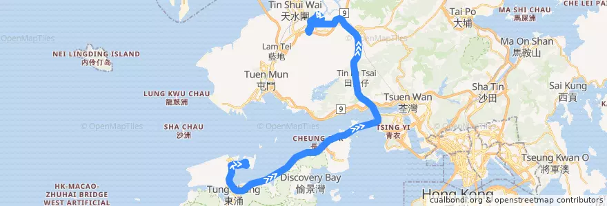 Mapa del recorrido 龍運巴士A36線 Long Win Bus A36 (機場 Airport → 朗屏站 Long Ping Station) de la línea  en 新界 New Territories.