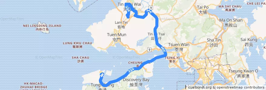 Mapa del recorrido 龍運巴士A37線 Long Win Bus A37 (機場 Airport → 洪水橋 Hung Shui Kiu) de la línea  en New Territories.
