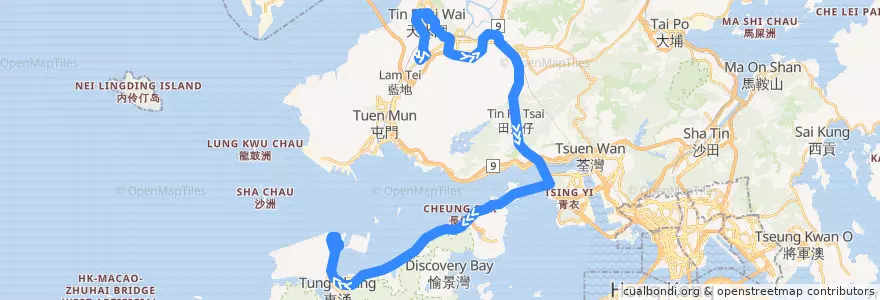 Mapa del recorrido 龍運巴士A37線 Long Win Bus A37 (洪水橋 Hung Shui Kiu → 機場 Airport) de la línea  en Novos Territórios.