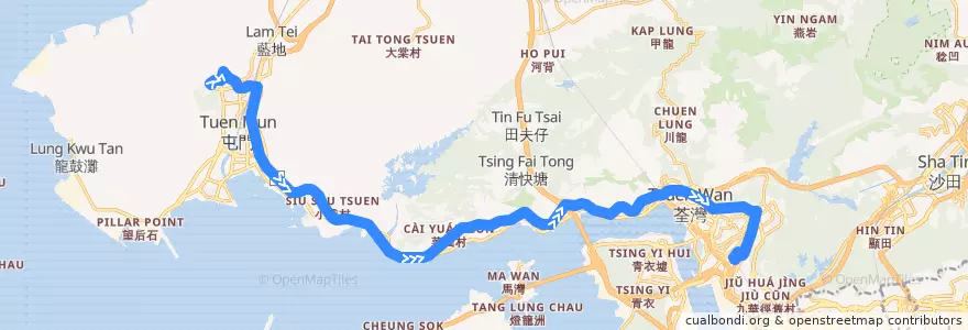 Mapa del recorrido 九巴58M線 KMB 58M (良景邨 Leung King Estate → 葵芳站 Kwai Fong Station) de la línea  en 新界 New Territories.