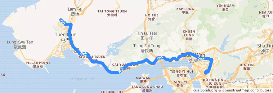Mapa del recorrido 九巴58M線 KMB 58M (寶田 Po Tin → 葵芳站 Kwai Fong Station) de la línea  en 新界 New Territories.