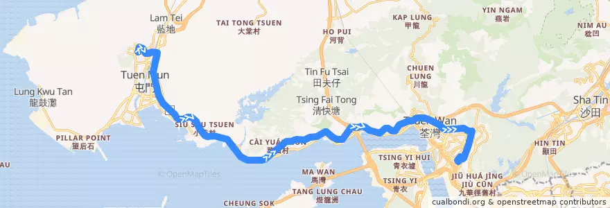 Mapa del recorrido 九巴58M線 KMB 58M (建生 Kin Sang → 葵芳站 Kwai Fong Station) de la línea  en Novos Territórios.