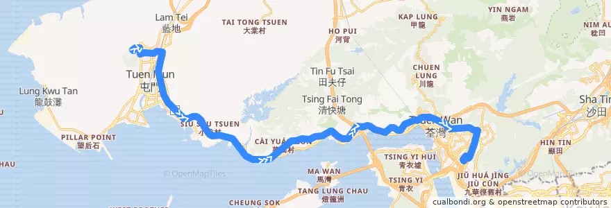 Mapa del recorrido 九巴58M線 KMB 58M (良景邨 Leung King Estate → 葵芳站 Kwai Fong Station (不經建生 omit Kin Sang)) de la línea  en 新界 New Territories.
