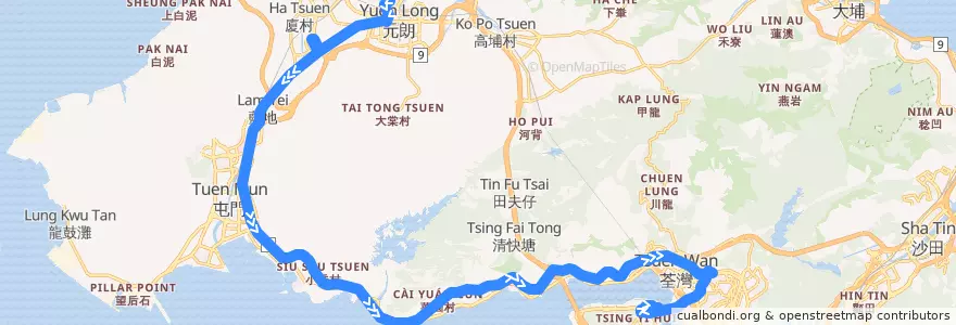 Mapa del recorrido 九巴68A線 KMB 68A (朗屏邨 Long Ping Estate → 青衣站 Tsing Yi Station) de la línea  en Nouveaux Territoires.
