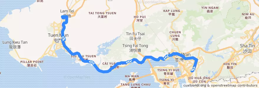Mapa del recorrido 九巴67M線 KMB 67M (葵芳站 Kwai Fong Station → 兆康苑 Siu Hong Court) de la línea  en الأقاليم الجديدة.