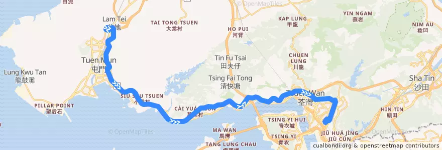 Mapa del recorrido 九巴67M線 KMB 67M (兆康苑 Siu Hong Court → 葵芳站 Kwai Fong Station) de la línea  en Nuovi Territori.