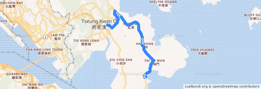 Mapa del recorrido 九巴91S線 KMB 91S (清水灣 Clear Water Bay → 坑口站 Hang Hau Station) de la línea  en 西貢區 Sai Kung District.