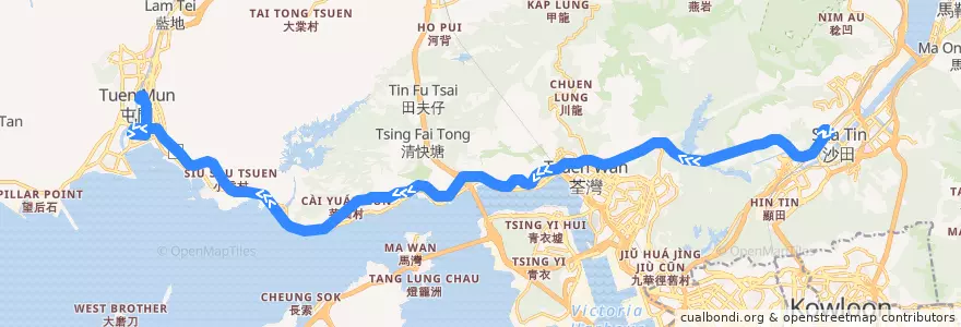 Mapa del recorrido 九巴263線 KMB 263 (沙田站 Sha Tin Station → 屯門站 Tuen Mun Station) de la línea  en 新界 New Territories.
