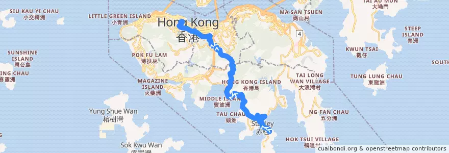 Mapa del recorrido 城巴6號線 Citybus 6 (赤柱監獄 Stanley Prison → 中環 Central (不經馬坑 omit Ma Hang)) de la línea  en جزیره هنگ کنگ.