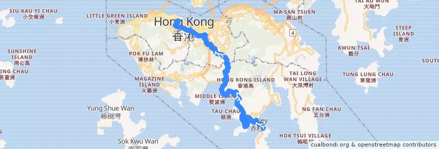 Mapa del recorrido 城巴6號線 Citybus 6 (赤柱監獄 Stanley Prison → 中環 Central (經馬坑及舂坎角 via Ma Hang & Chung Hom Kok)) de la línea  en 홍콩섬.