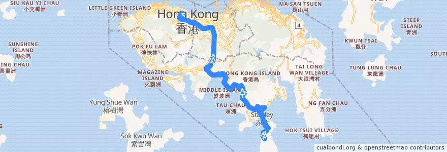 Mapa del recorrido 城巴6A線 Citybus 6A (赤柱炮台 Stanley Fort → 中環 Central) de la línea  en 香港島 Hong Kong Island.