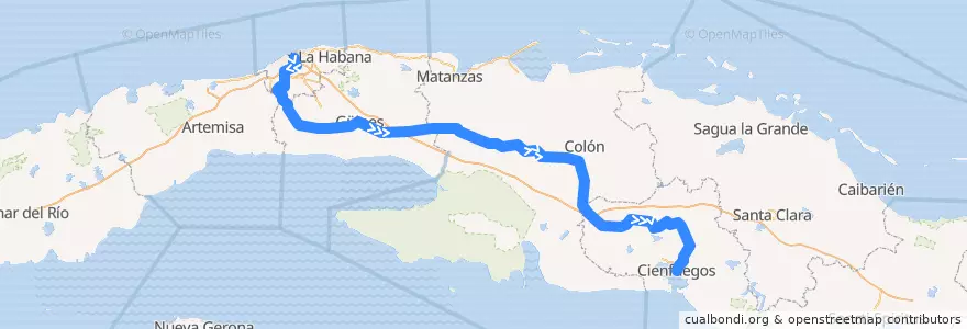 Mapa del recorrido Tren Habana- Cienfuegos (Linea Sur) de la línea  en Куба.
