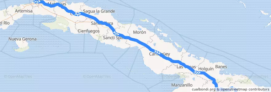 Mapa del recorrido Tren Habana-Guantánamo de la línea  en Kuba.