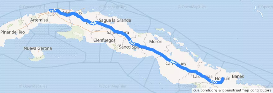 Mapa del recorrido Tren Habana-Holguín de la línea  en Kuba.