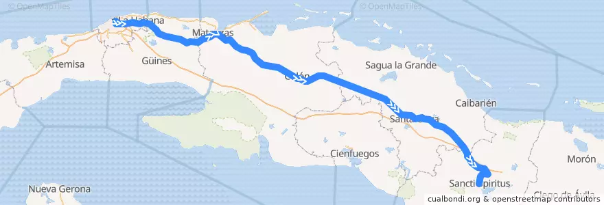 Mapa del recorrido Tren Habana-Sancti Spiritus de la línea  en Cuba.
